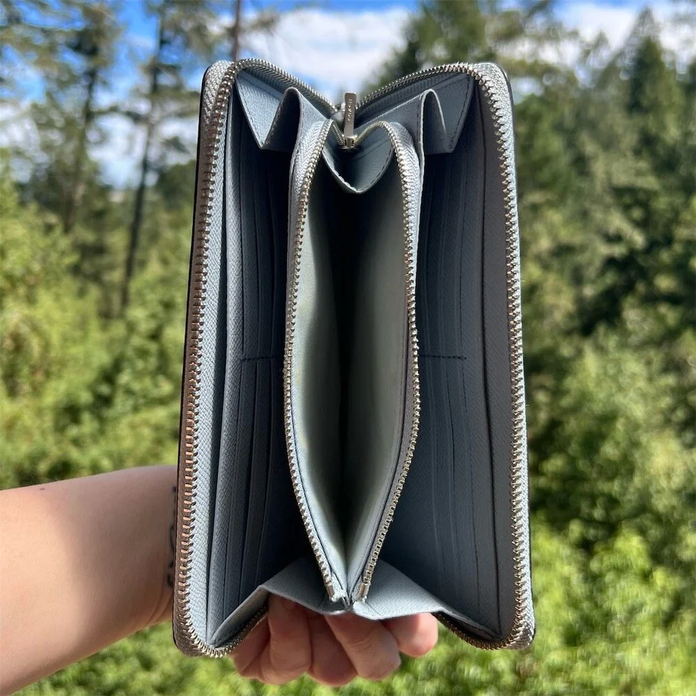 COACH Long Zip-Around Wallet Blue/Gray Pebble Leather Wallet Silver Hardware